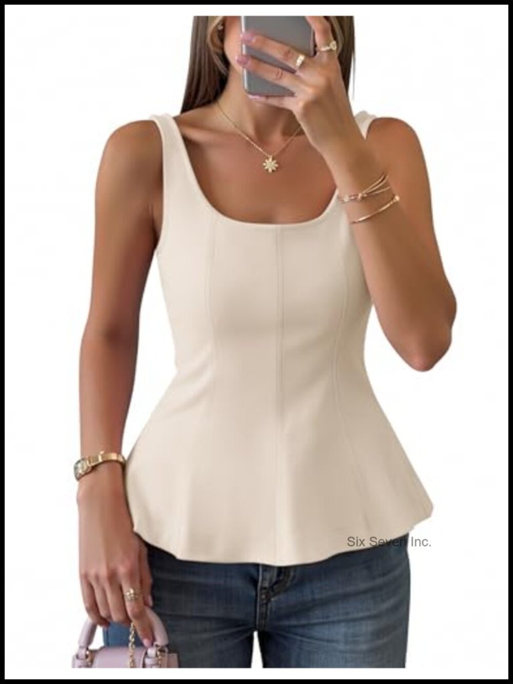 Sleeveless Vest Top Square Neck Ruffle Hem Tank Casual Summer